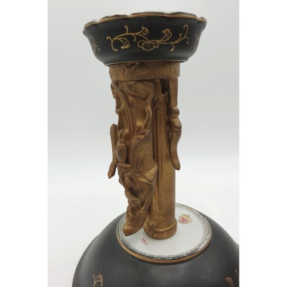 PEDESTAL Bowl Black and Gold With Oriental Figure Vintage JAPANESE Hand Painted - Picture 6 of 10
